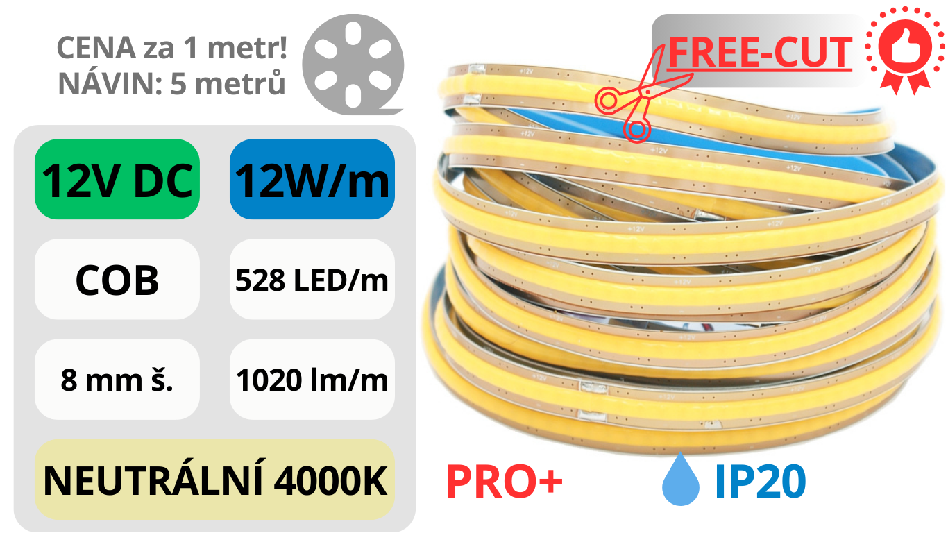 LED pásek COB 12V / 528 LED / 12W / 4000K / IP20 / 8mm / PRO+ FREE-CUT
